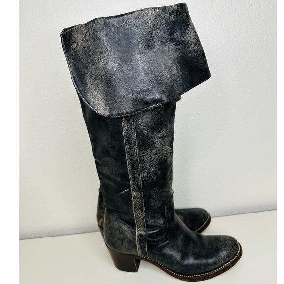 Frye Jane Brushed Black & Cream Knee High Fold Over Heeled Riding Boot 8.5 - Picture 1 of 15